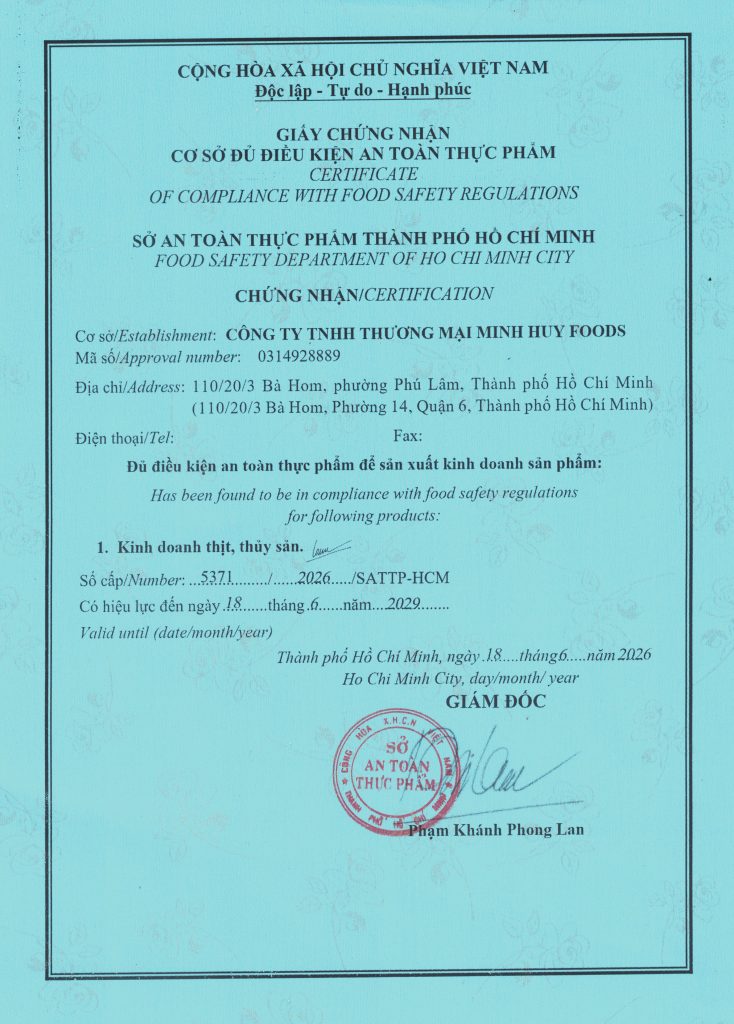 Giấy chứng nhận ATVSTP MInh HUy Foods